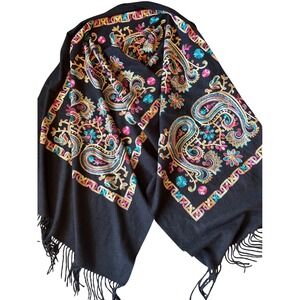 La Seine Black Multi Paisley Embroidered Fringe Shawl Wrap Scarf Boho